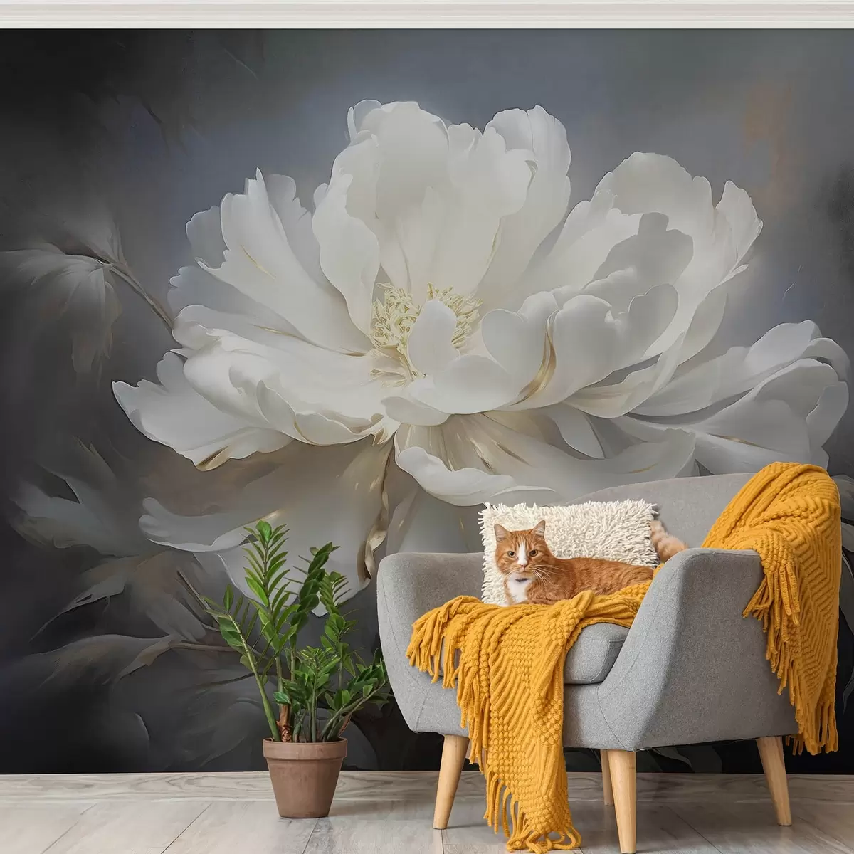 murales de pared Gran flor blanca abstracta sobre fondo oscuro w08859