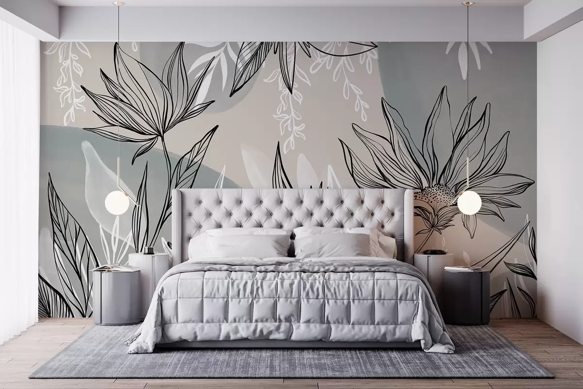 murales de pared Línea floral con grandes hojas y flores sobre un fondo de acuarela beige y azul  w08865