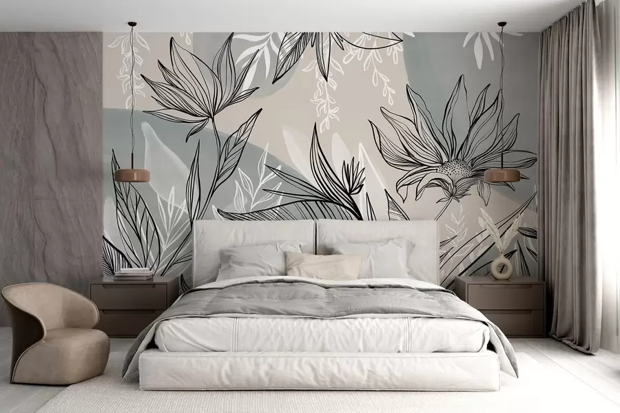 murales de pared Línea floral con grandes hojas y flores sobre un fondo de acuarela beige y azul  w08865