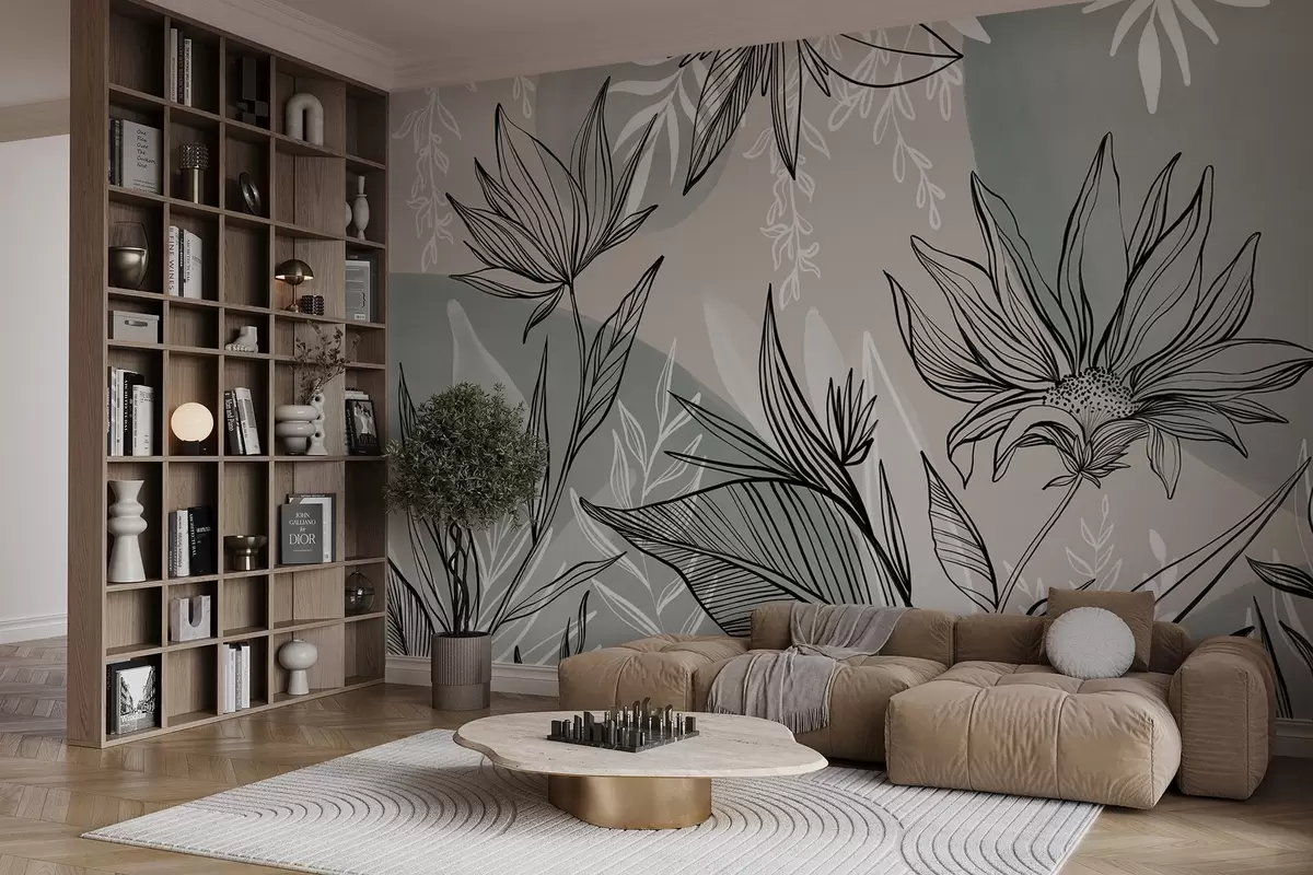 murales de pared Línea floral con grandes hojas y flores sobre un fondo de acuarela beige y azul  w08865