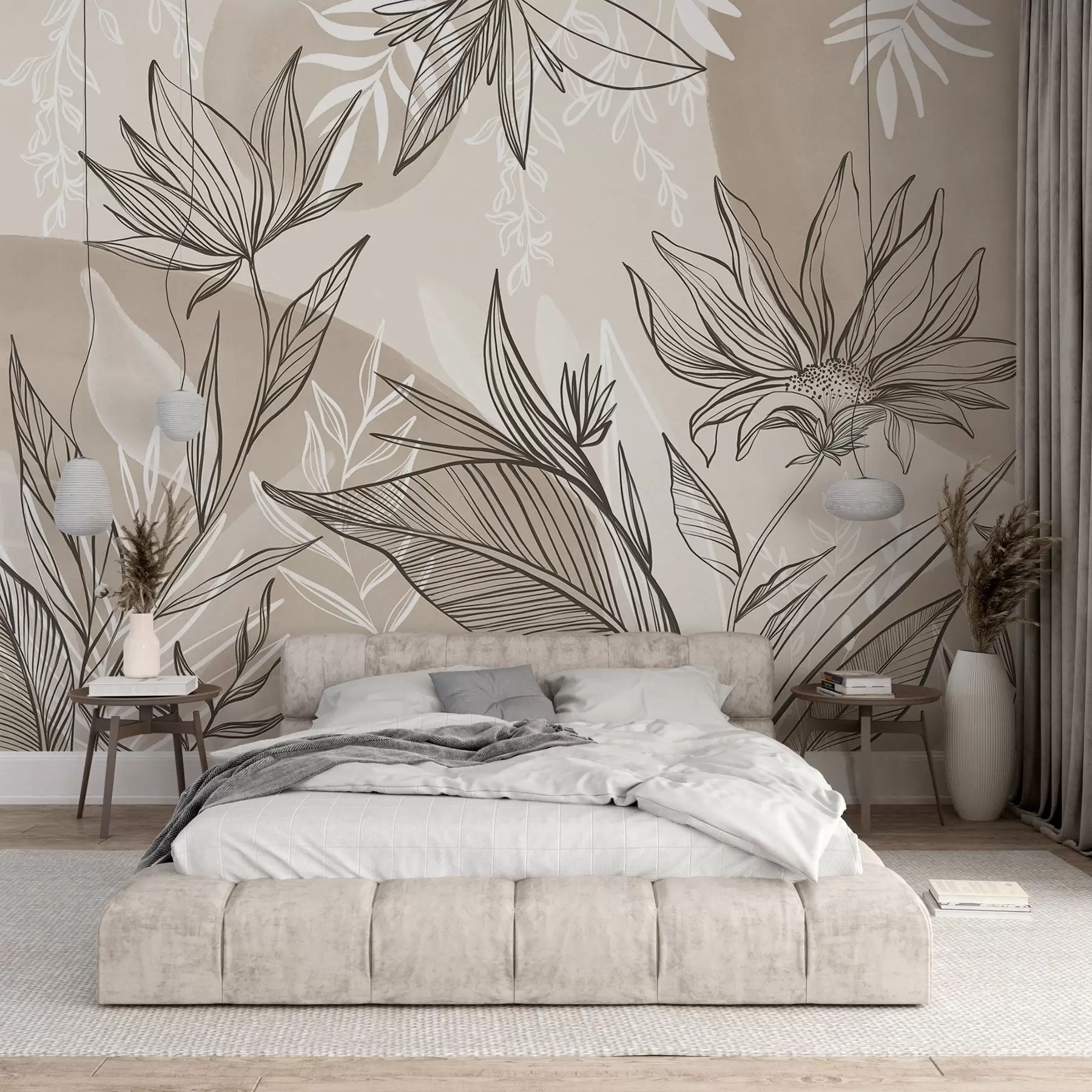murales de pared Línea floral con grandes hojas y flores sobre un fondo de acuarela beige  w08865v1
