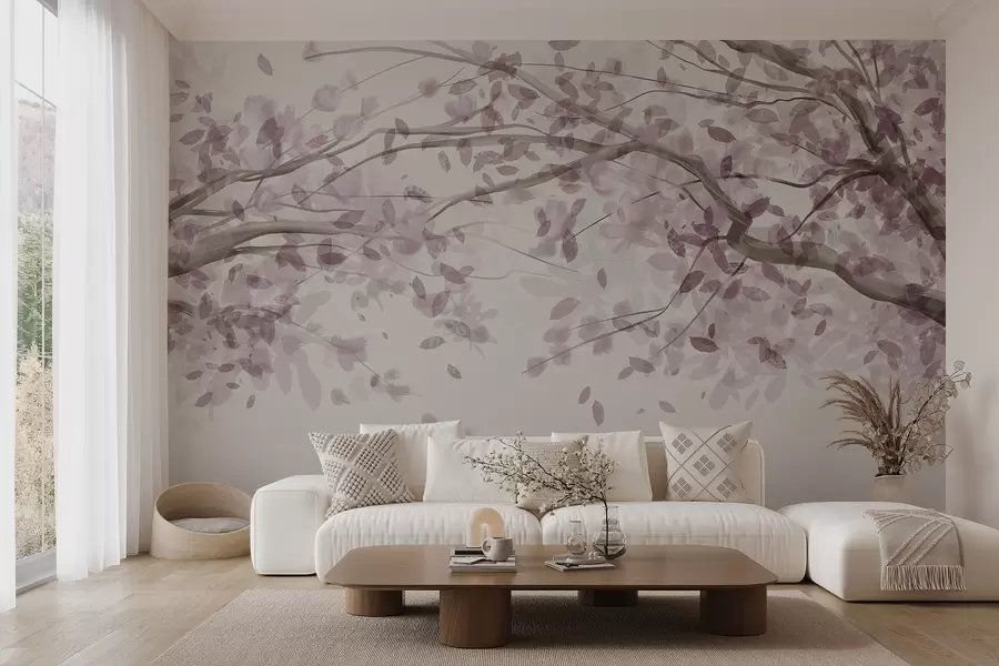 murales de pared Ramas en flor con hojas rosas, colores suaves, detalles delicados, estilo acuarela, sobre fondo claro w08867