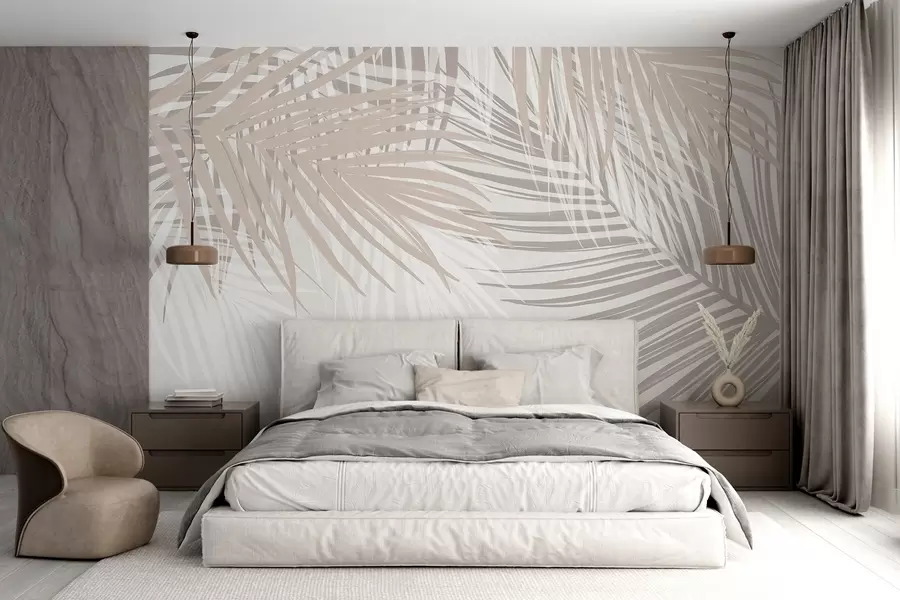 murales de pared Hojas de palmera en tonos beige claro y blanco, follaje tropical, colores pastel suaves, diseño minimalista w08869