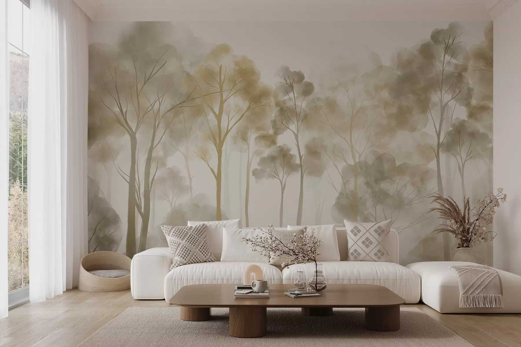 murales de pared Bosque estilo acuarela con altos árboles claros en tonos beige y amarillo, con una atmósfera de niebla w08870