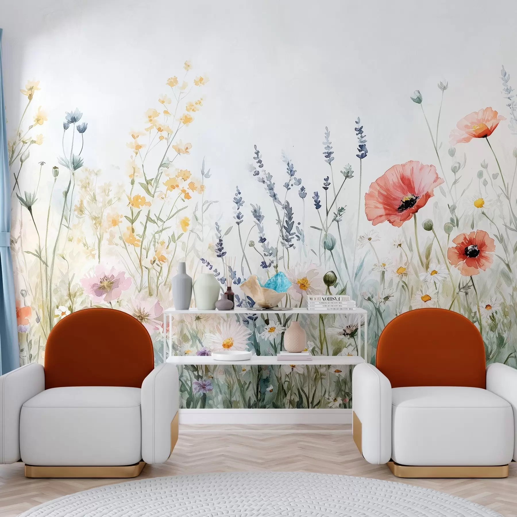 murales de pared flores silvestres y amapolas en la técnica de los trazos w03281