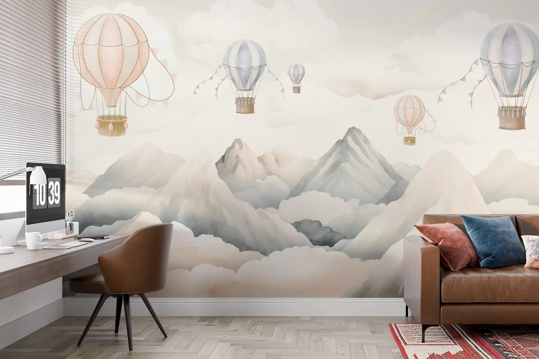 murales de pared Globos aerostáticos flotando sobre las montañas en tonos pastel neutros y suaves w08853