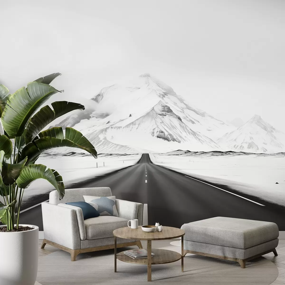 murales de pared Un paisaje en blanco y negro con una carretera que conduce a las montañas con una ligera niebla w08876