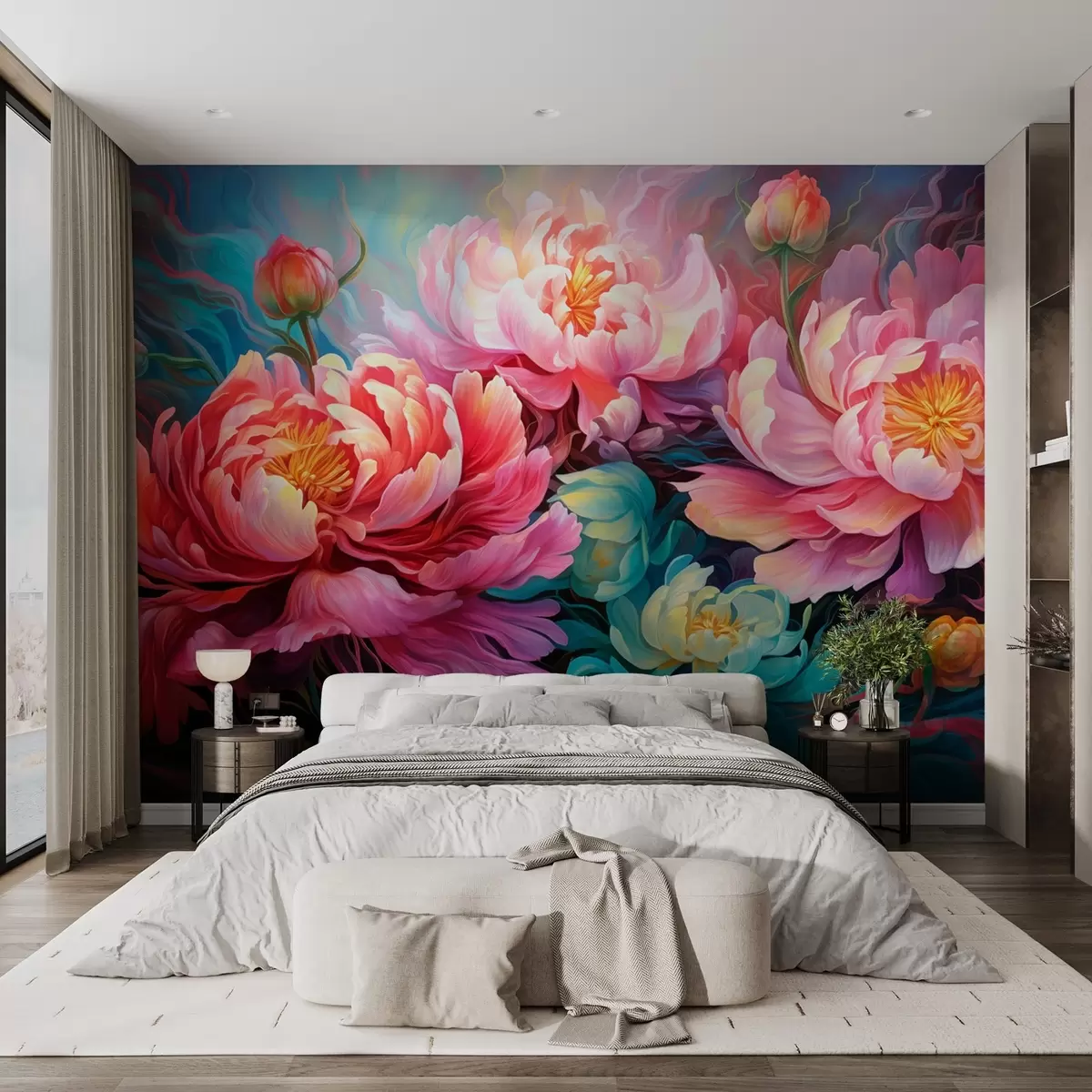 murales de pared Peonías rosas de cuento en estilo pincelada w08879