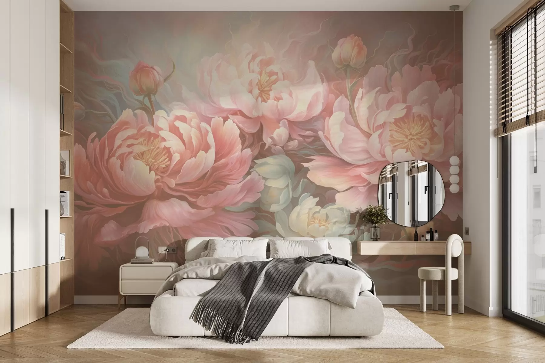 murales de pared Peonías de cuento en estilo pincelada en tonos cálidos w08879v2