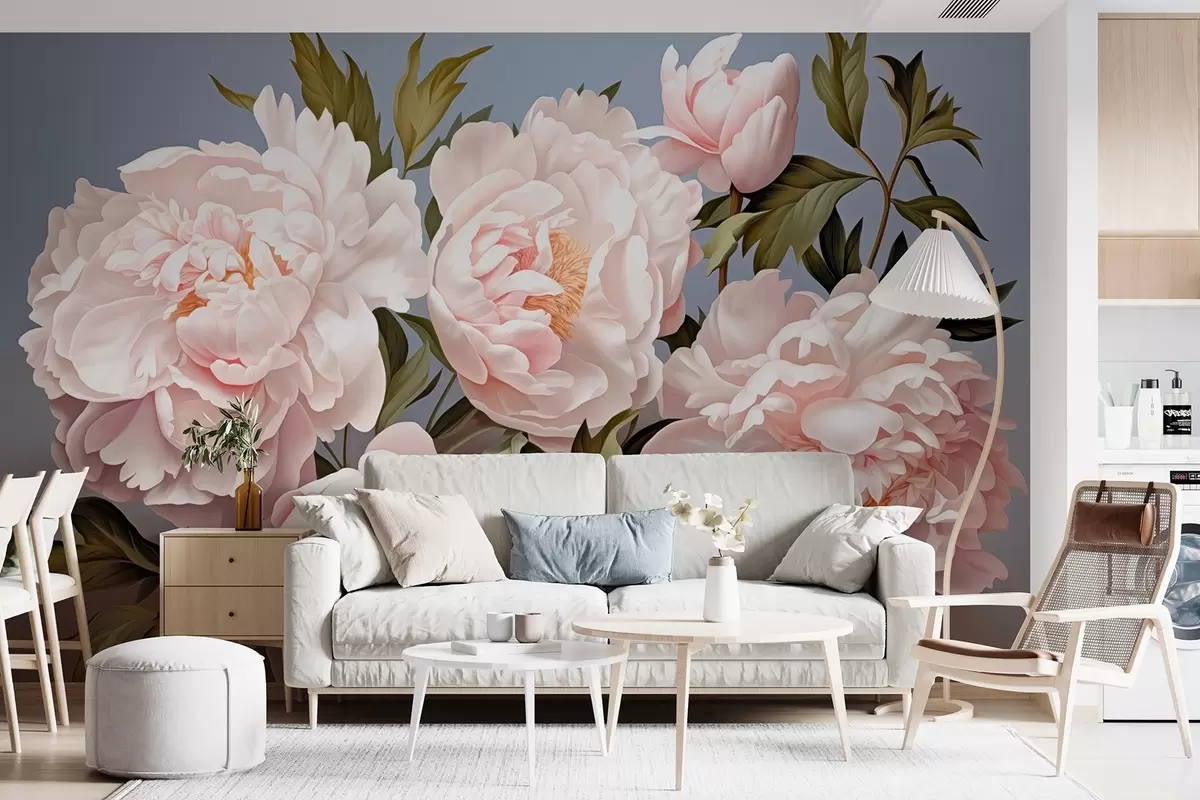 murales de pared Peonías rosa suave con hojas sobre fondo azul w08882
