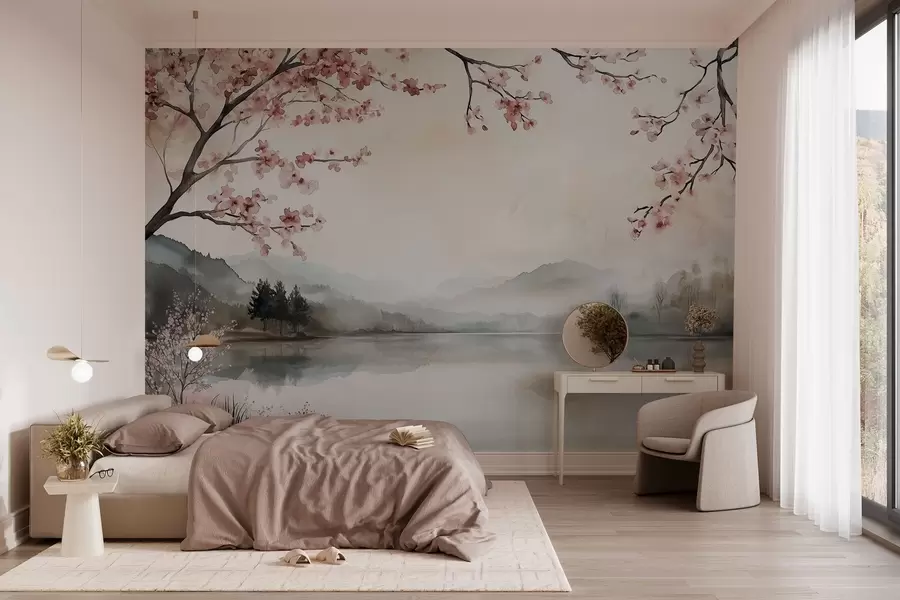 murales de pared tranquilo paisaje en acuarela con un lago y un árbol en flor w03282