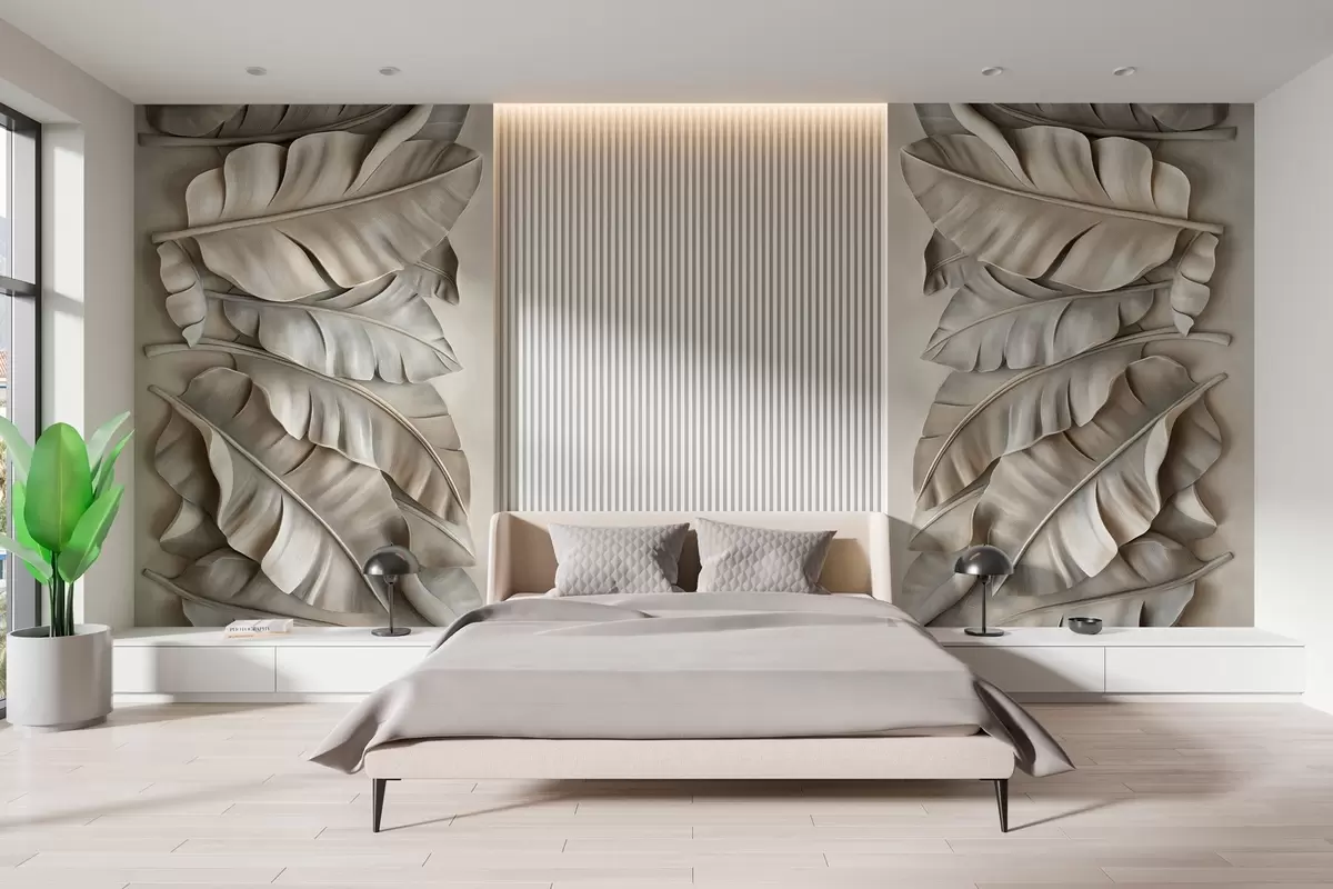 murales de pared imitación de un bajorrelieve con hojas tropicales en tonos beige w03285
