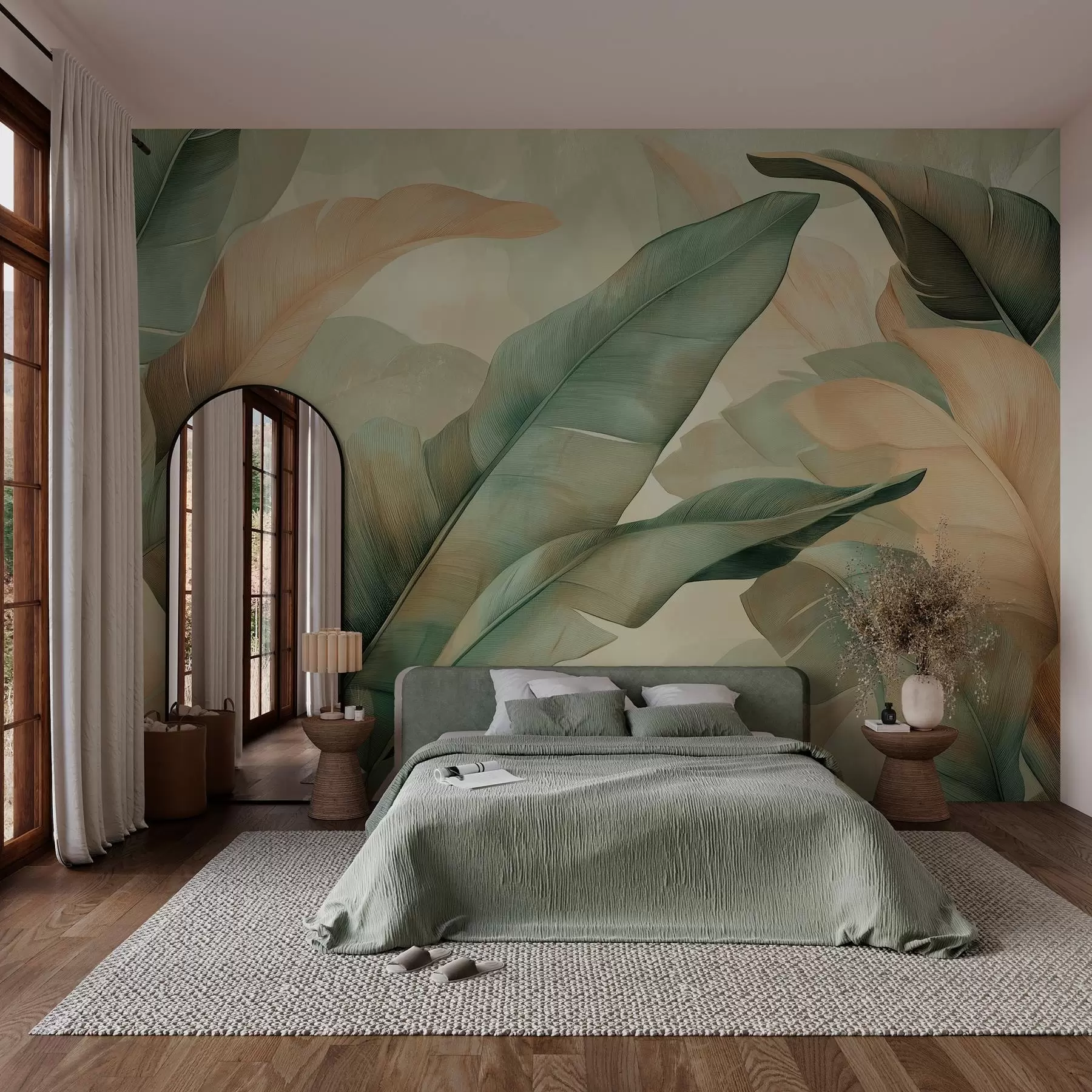murales de pared gran follaje tropical en tonos verdes y melocotón w03286