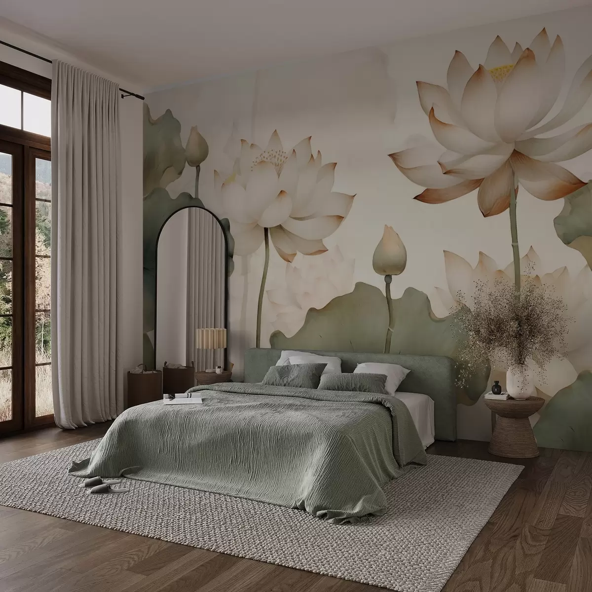 murales de pared Elegante ilustración en acuarela con delicadas flores de loto y un suave fondo natural w03322