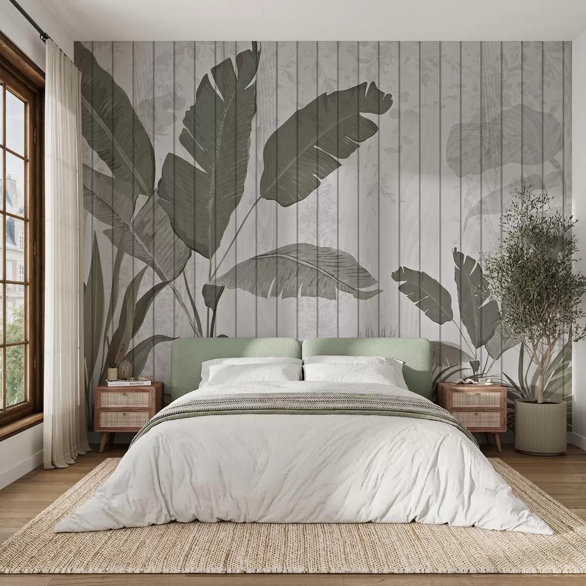 murales de pared Elegante ilustración botánica con hojas de plátano y plantas exóticas sobre un fondo claro texturizado w03325