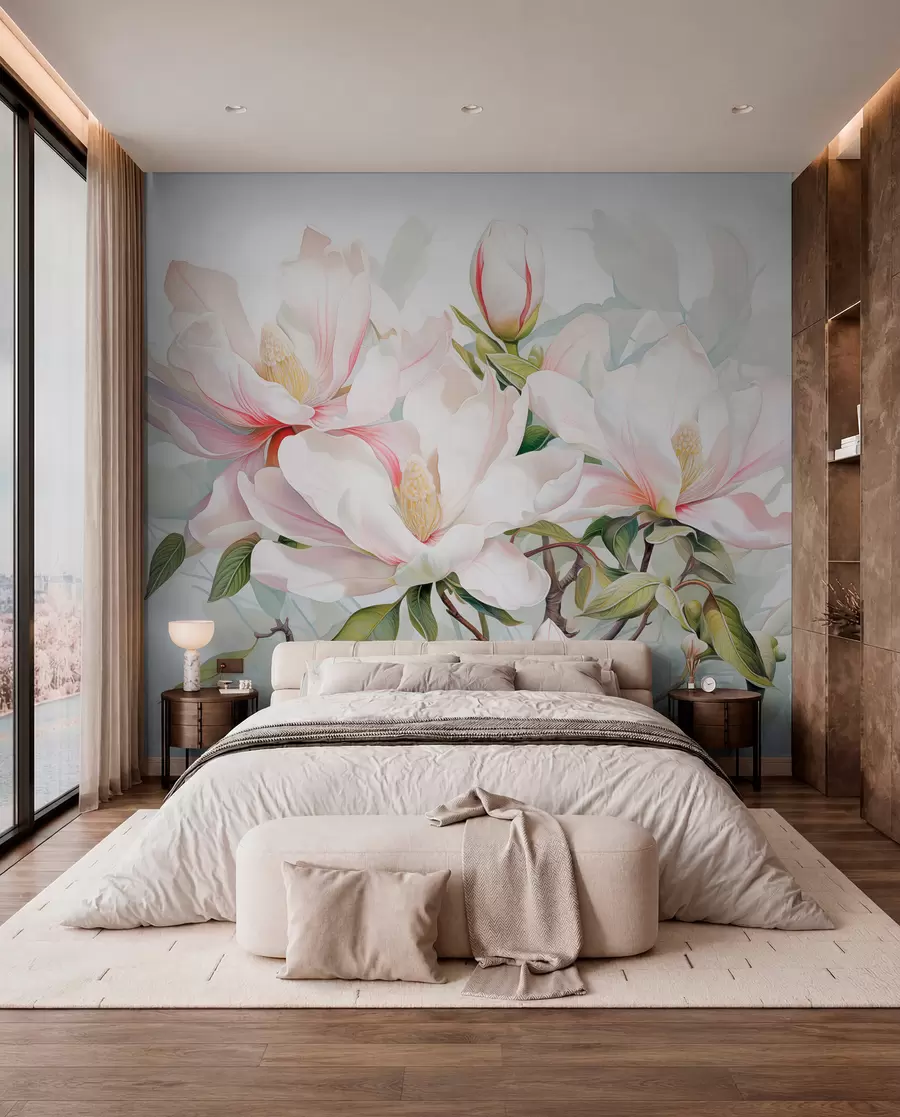 murales de pared Flores de magnolia con pétalos blancos y rosas, hojas y ramas marrones, estilo acuarela suave y delicada w08885