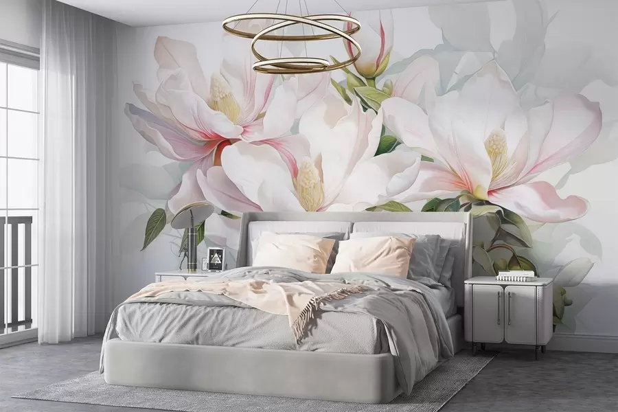 murales de pared Flores de magnolia con pétalos blancos y rosas, hojas y ramas marrones, estilo acuarela suave y delicada w08885