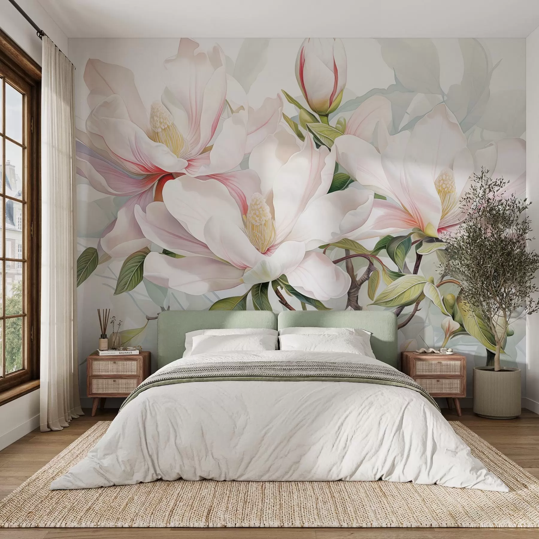 murales de pared Flores de magnolia con pétalos blancos y rosas, hojas y ramas marrones, estilo acuarela suave y delicada w08885