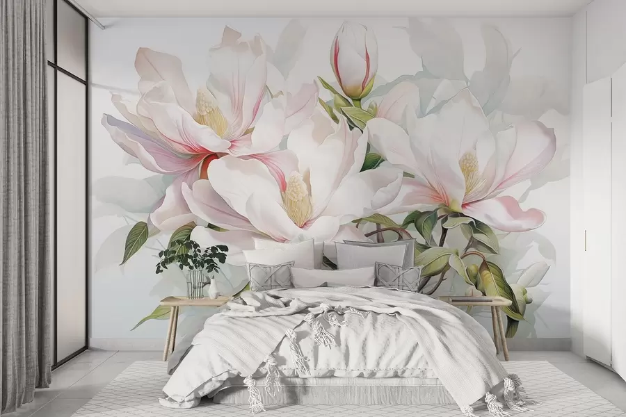 murales de pared Flores de magnolia con pétalos blancos y rosas, hojas y ramas marrones, estilo acuarela suave y delicada w08885