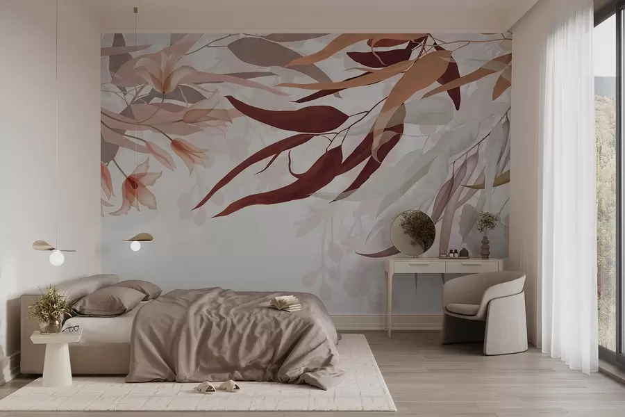 murales de pared Hojas de eucalipto en tonos bordo, beige y blanco con delicadas flores y ramas sobre fondo blanco w08887