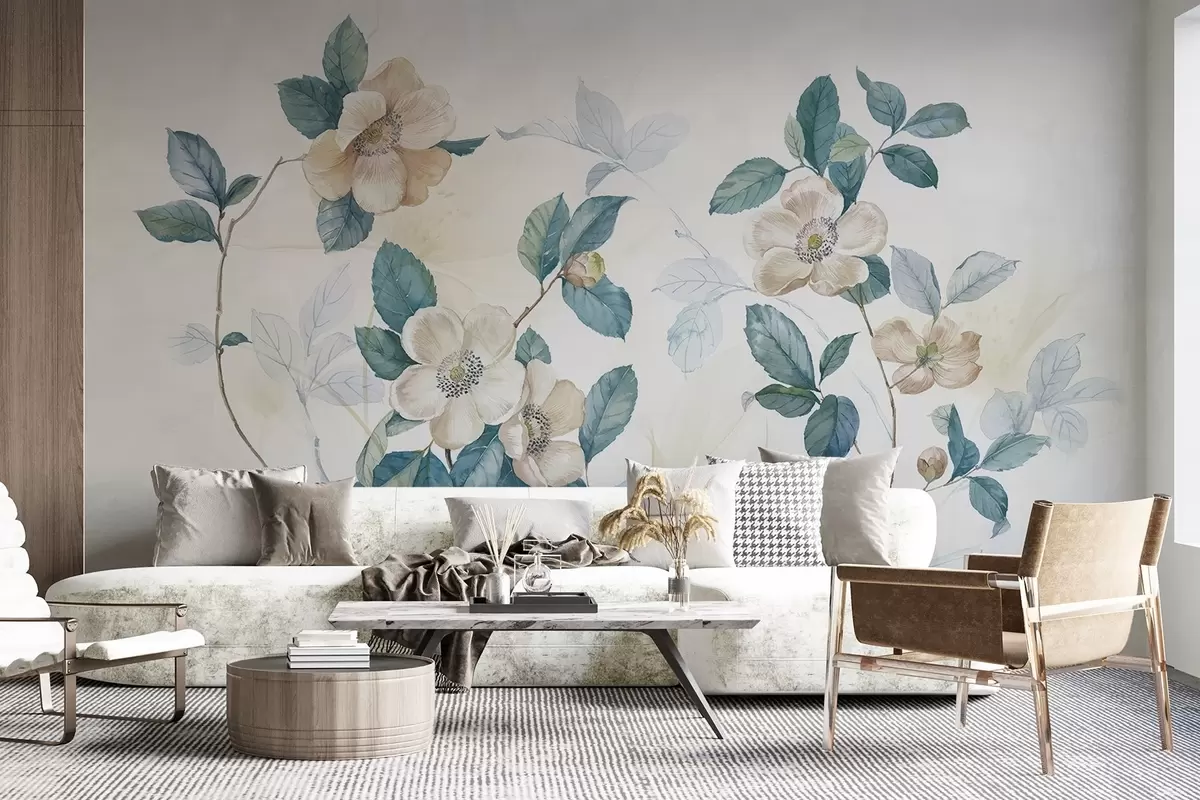 murales de pared Flores en delicado estilo acuarela con pétalos blancos y beige y hojas verdes sobre una rama, fondo claro  w08895