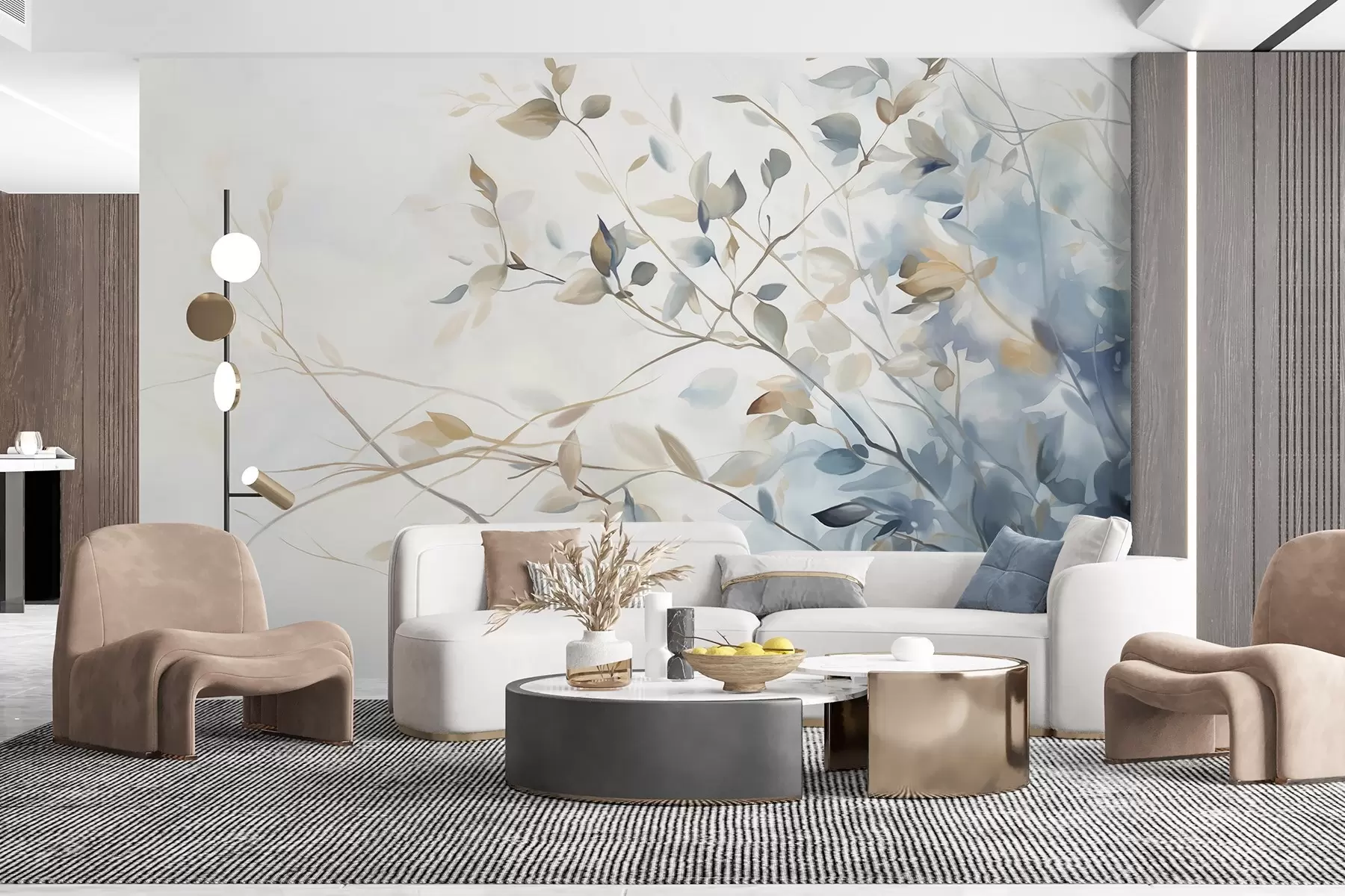 murales de pared Ramas con hojas en tonos azules y marrones, fondo claro, suave y delicado, estilo acuarela  w08900