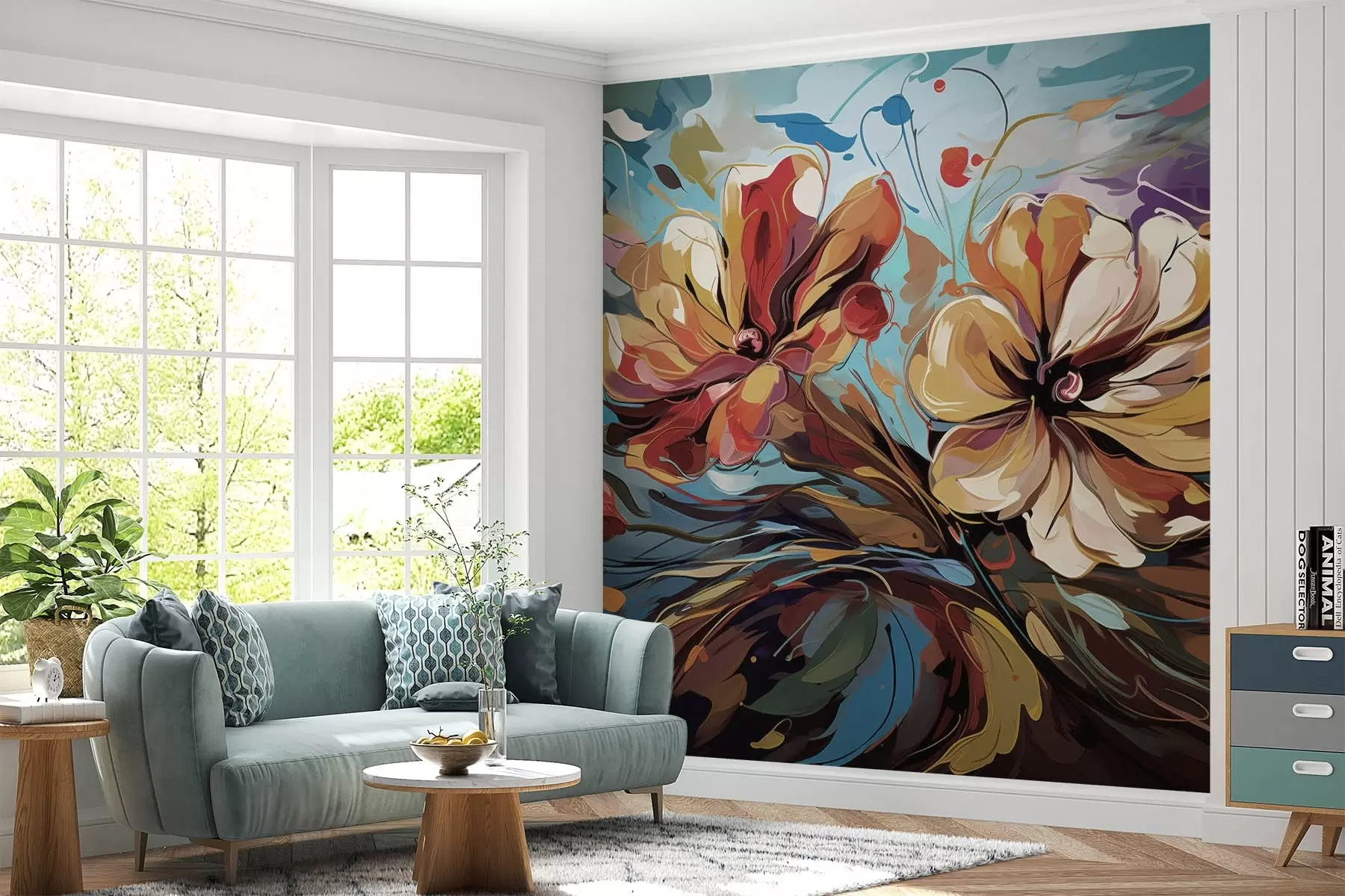 murales de pared Grandes flores abstractas amarillas y naranjas w08863