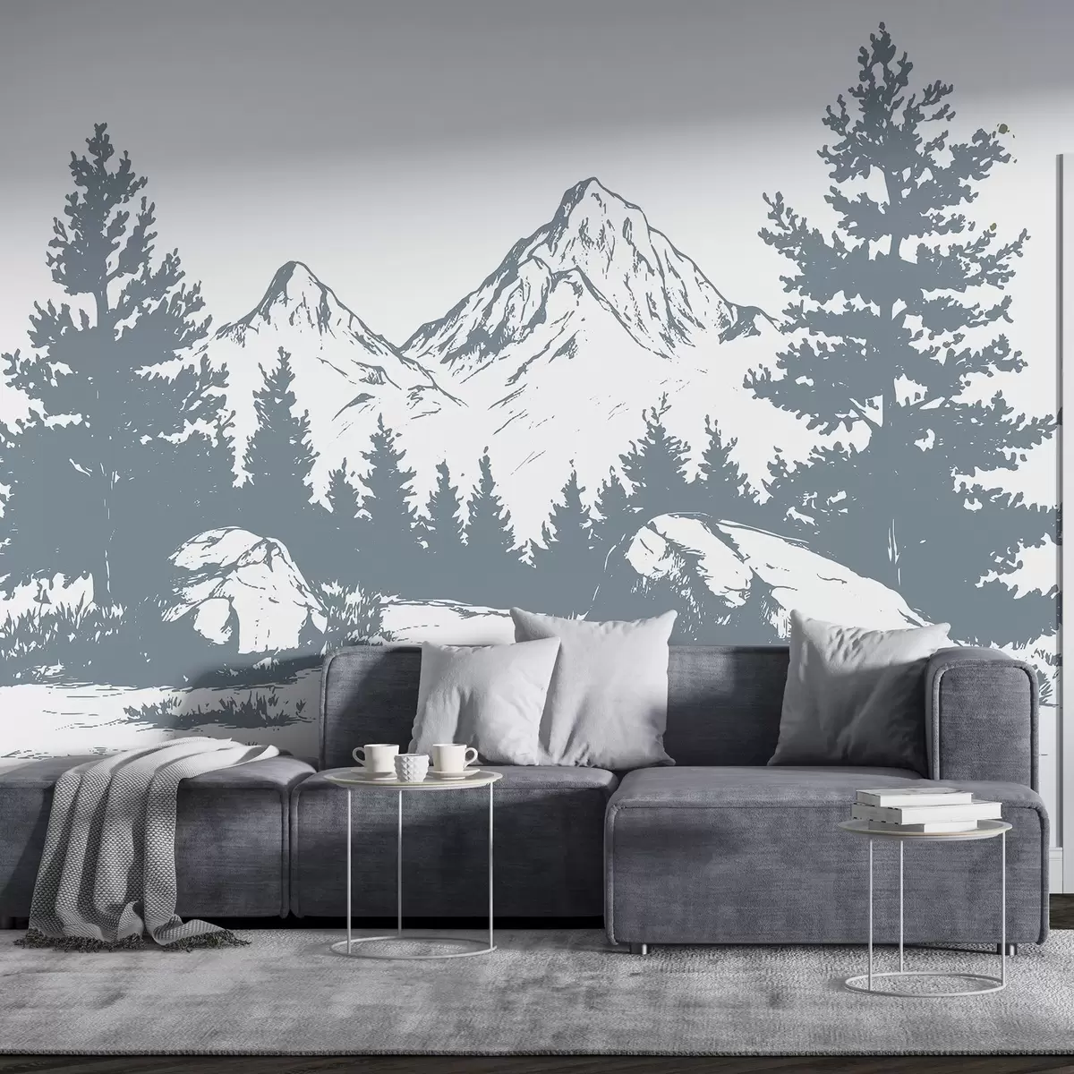 murales de pared Los Alpes, montañas con bosque, dibujo lineal, color gris w03342v2