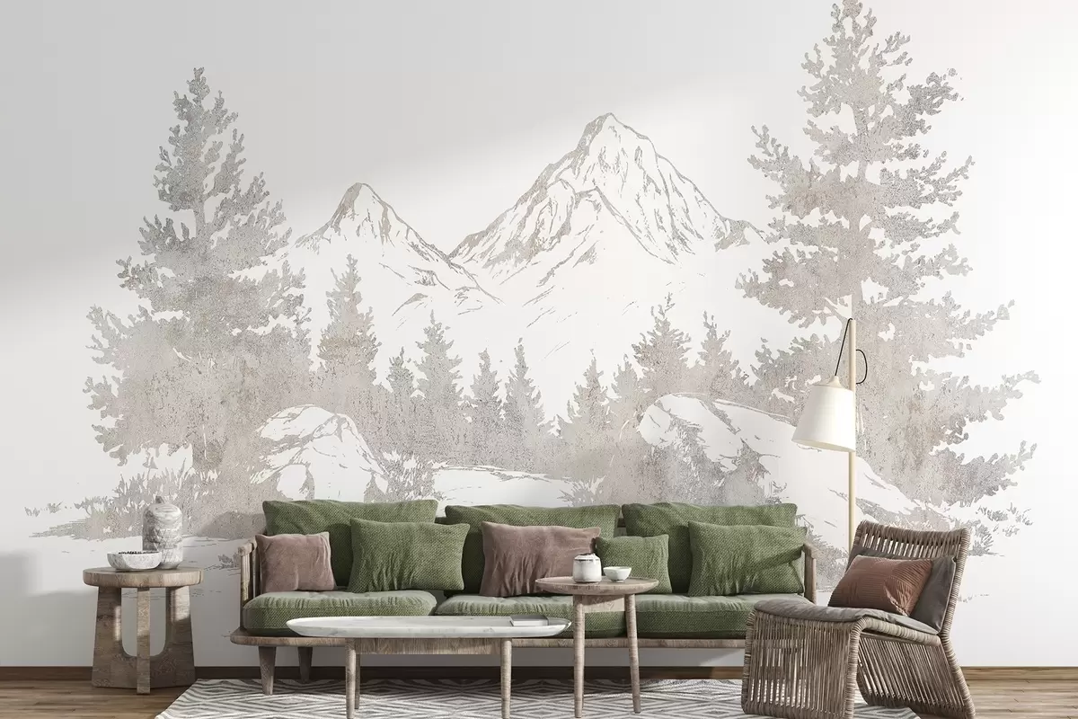 murales de pared Los Alpes, montañas con bosque, dibujo lineal, colores naturales w03343