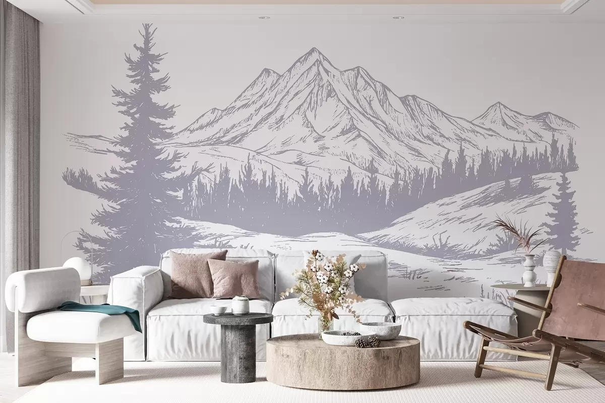 murales de pared Paisaje de montañas con pinos, bosque, naturaleza, suave color púrpura w03344v2