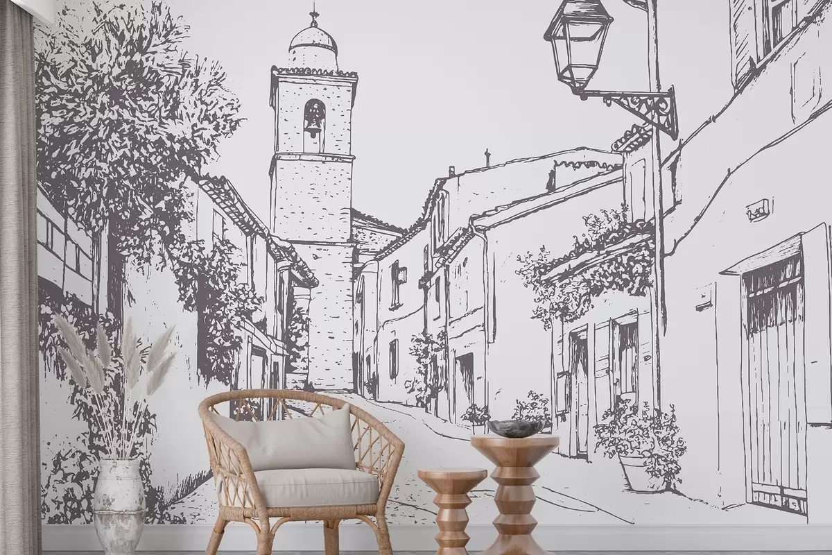 murales de pared Calle de la ciudad, hermosa arquitectura, edificios, Mediterráneo, dibujo lineal, color beige w03345v1