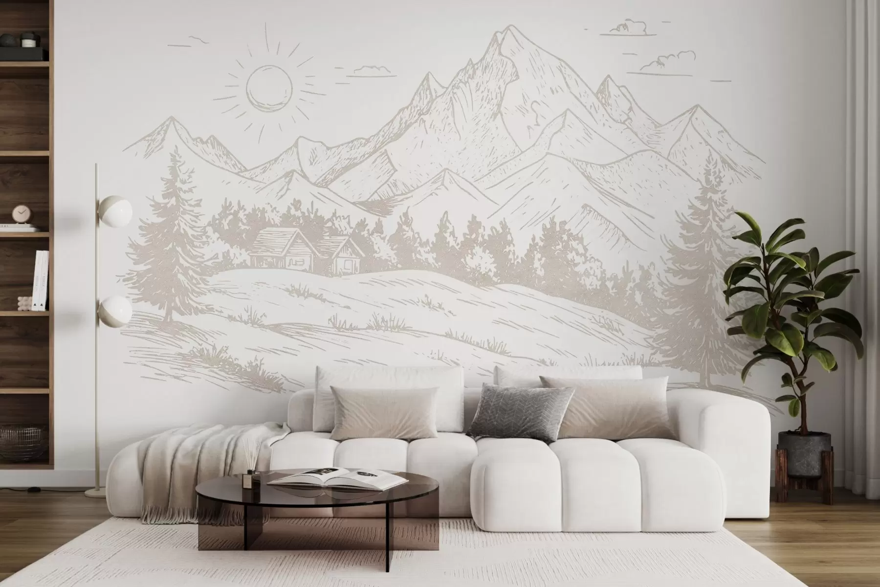 murales de pared Dibujo de montañas, paisajes naturales, bosque, casas de madera, color beige w03348
