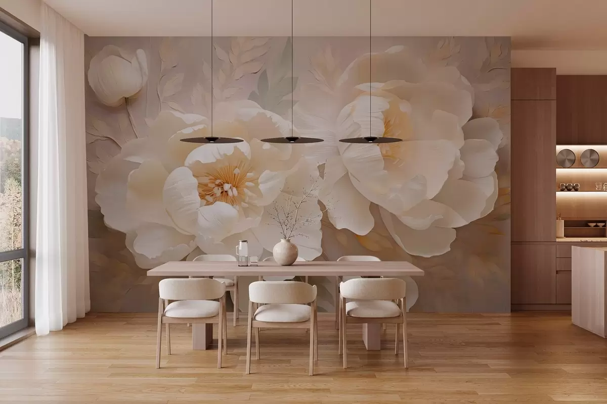 murales de pared Flores de peonía en flor de color beige claro w03390