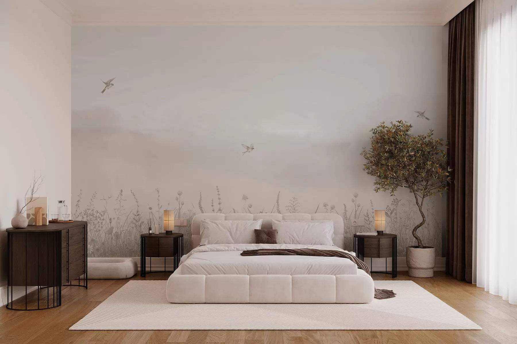 murales de pared Flores silvestres y cielo brumoso en tonos beige w03391v2