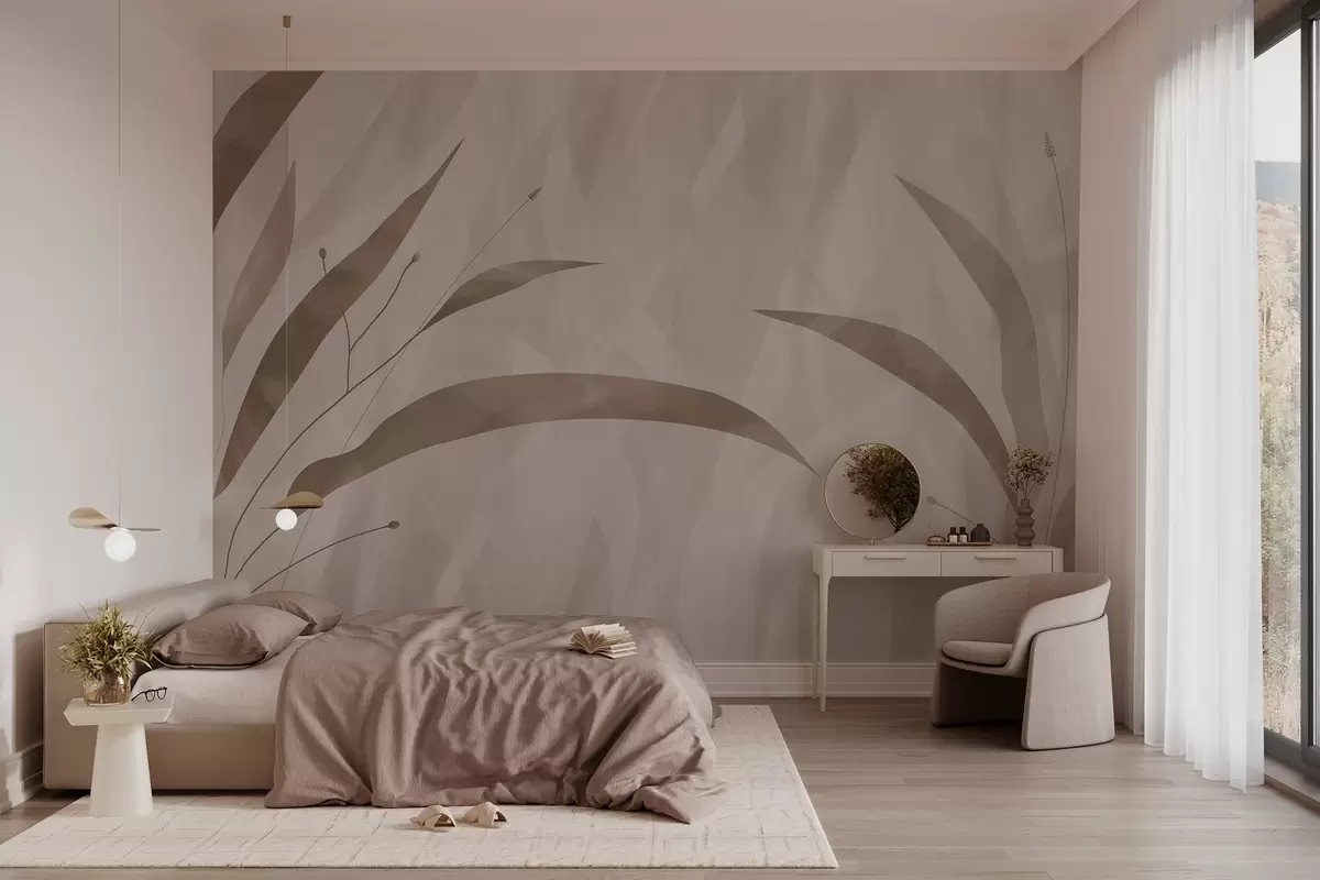 murales de pared Estilo ecológico, plantas sobre un fondo heterogéneo texturizado en tonos beige w03394