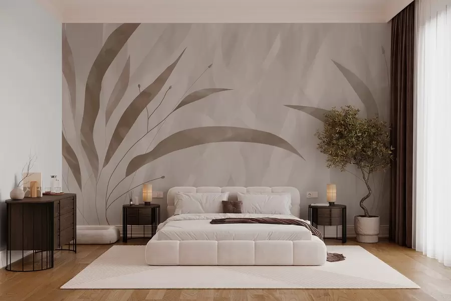murales de pared Estilo ecológico, plantas sobre un fondo heterogéneo texturizado en tonos beige w03394