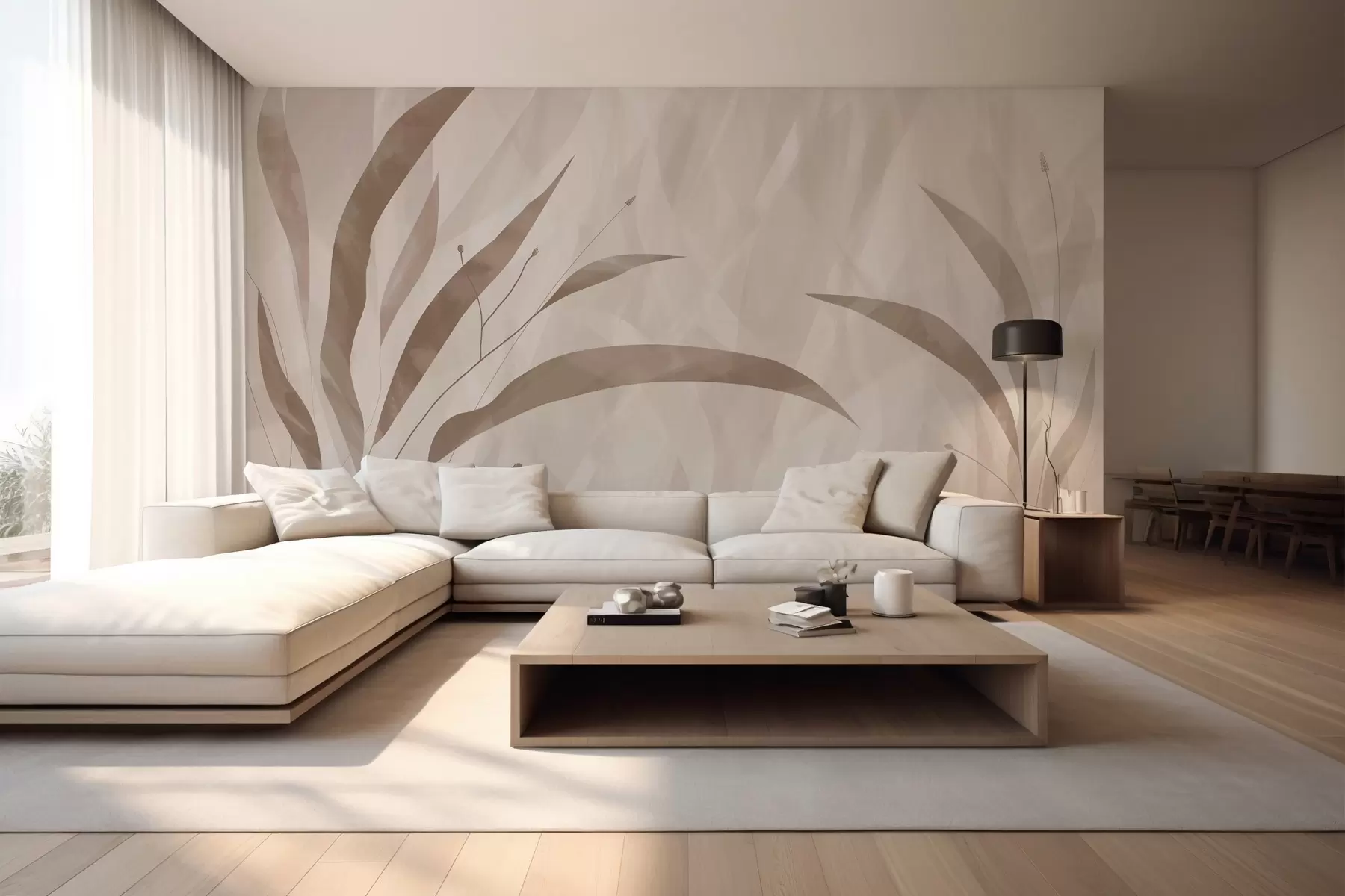 murales de pared Estilo ecológico, plantas sobre un fondo heterogéneo texturizado en tonos beige w03394