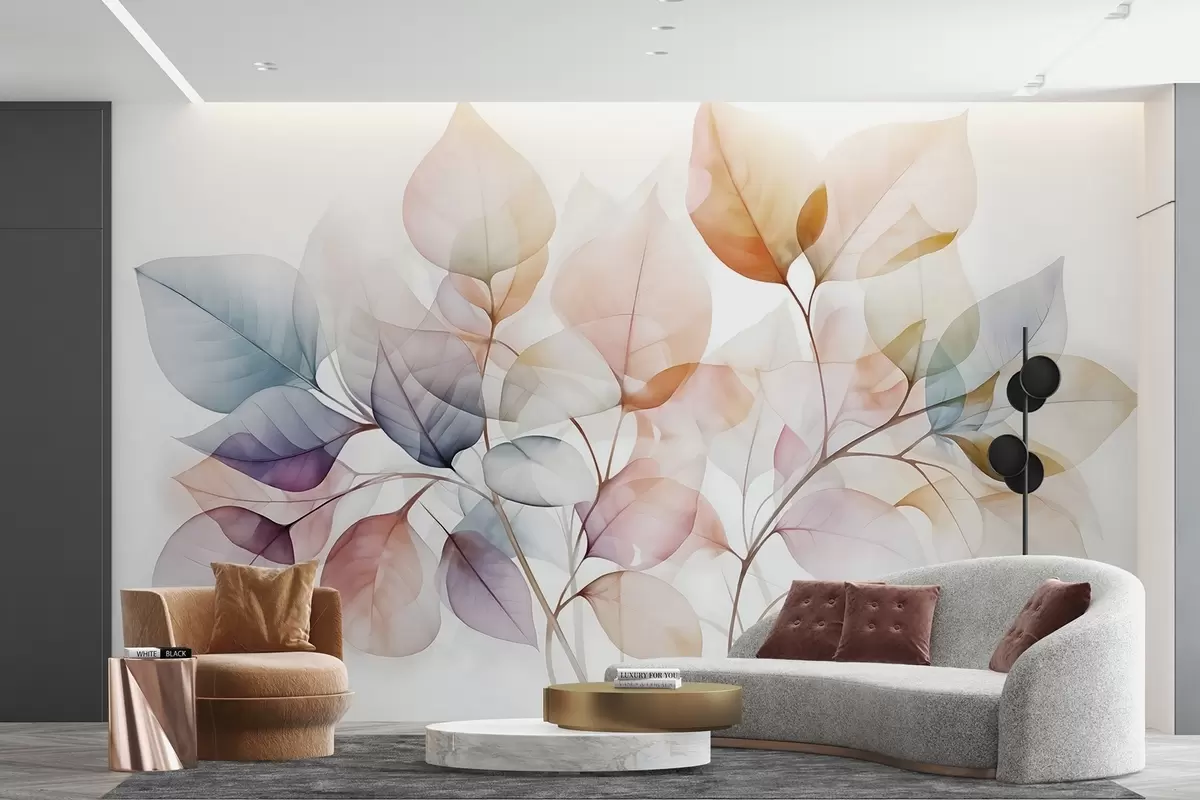 murales de pared Pintura en acuarela de hojas translúcidas en colores pastel, con tonos rosas, blancos, morados y azules w08910