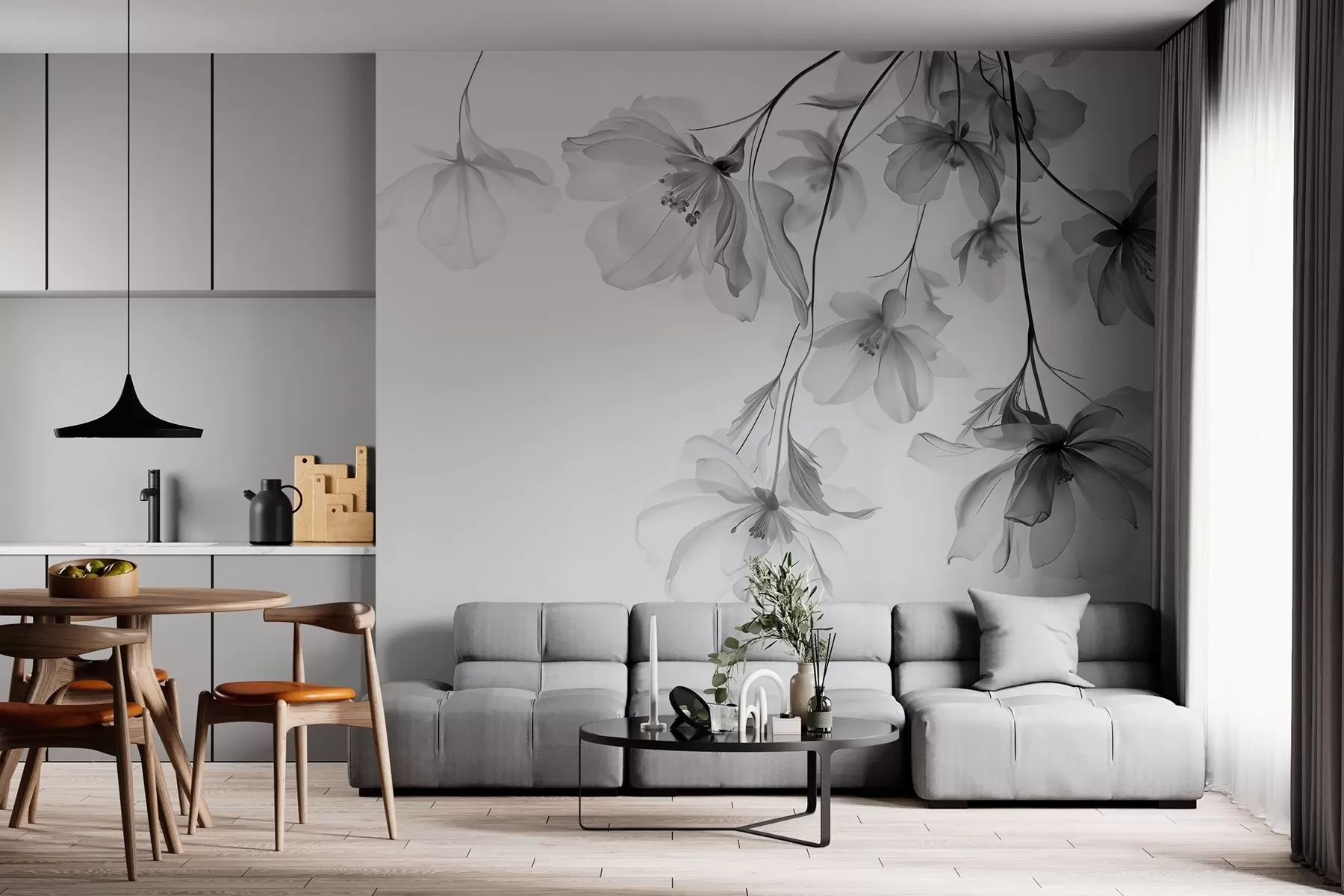 murales de pared Flores negras con pétalos translúcidos colgando de una rama, blanco y negro, composición minimalista de arte moderno w08911