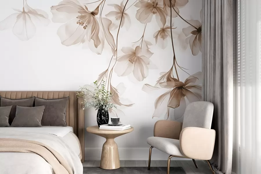 murales de pared Flores beige con pétalos translúcidos colgando de una rama, beige y blanco, composición minimalista de arte moderno w08911v1