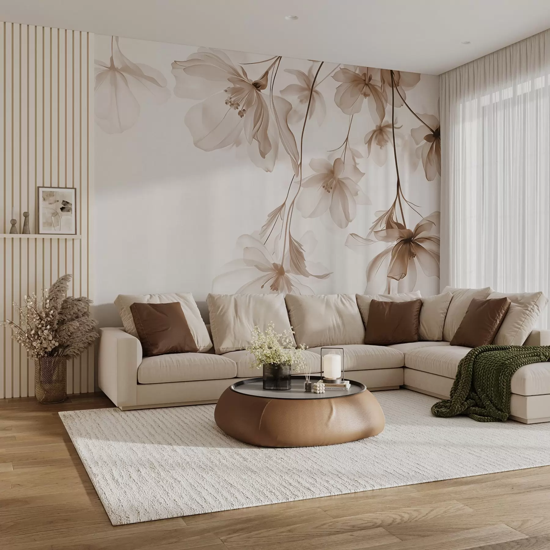 murales de pared Flores beige con pétalos translúcidos colgando de una rama, beige y blanco, composición minimalista de arte moderno w08911v1