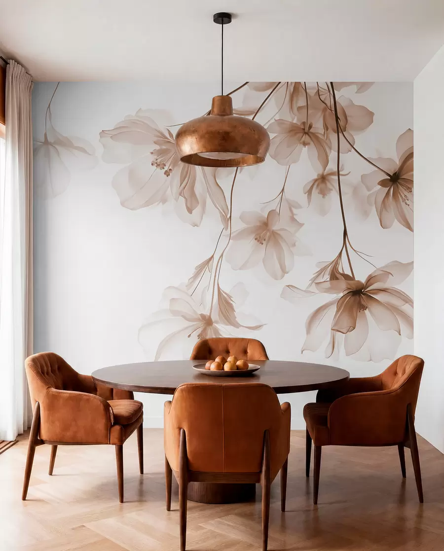 murales de pared Flores beige con pétalos translúcidos colgando de una rama, beige y blanco, composición minimalista de arte moderno w08911v1