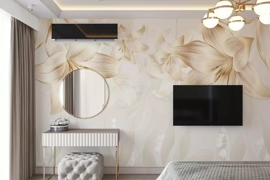 murales de pared Lirios amarillos con intrincados detalles de líneas, elegante arreglo floral, paleta de colores neutros w08912