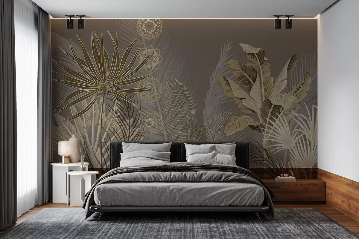 murales de pared Hojas tropicales en tonos beige y marrón, hojas de palmera, hojas de plátano y adornos de mandala, fondo oscuro w08913v1