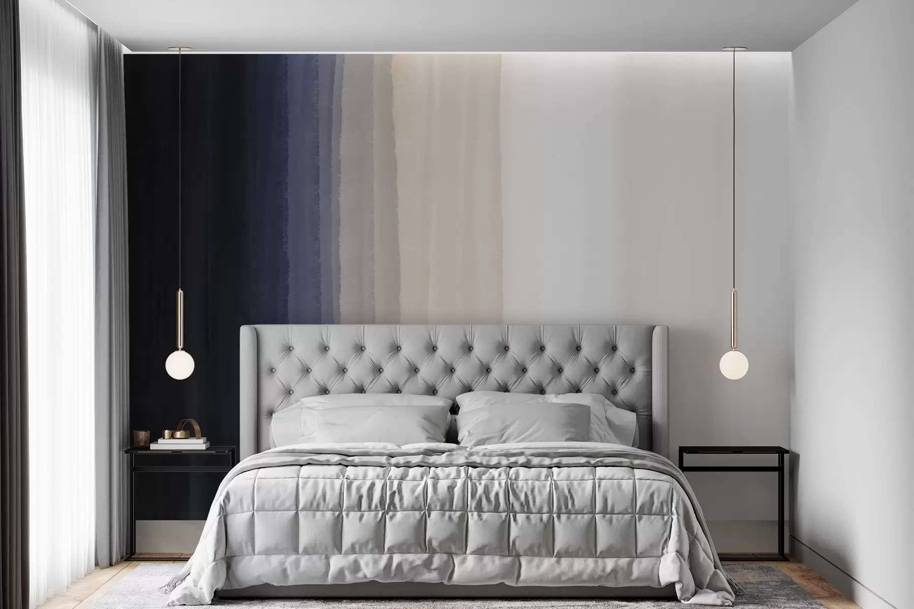 murales de pared Estampado abstracto minimalista degradado con rayas verticales de azul oscuro, melocotón claro y blanco  w08915v1