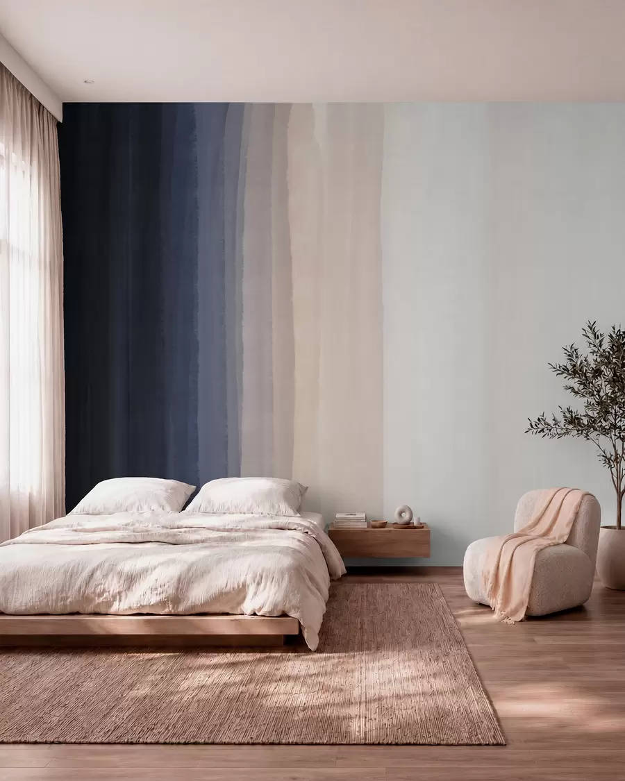 murales de pared Estampado abstracto minimalista degradado con rayas verticales de azul oscuro, melocotón claro y blanco  w08915v1