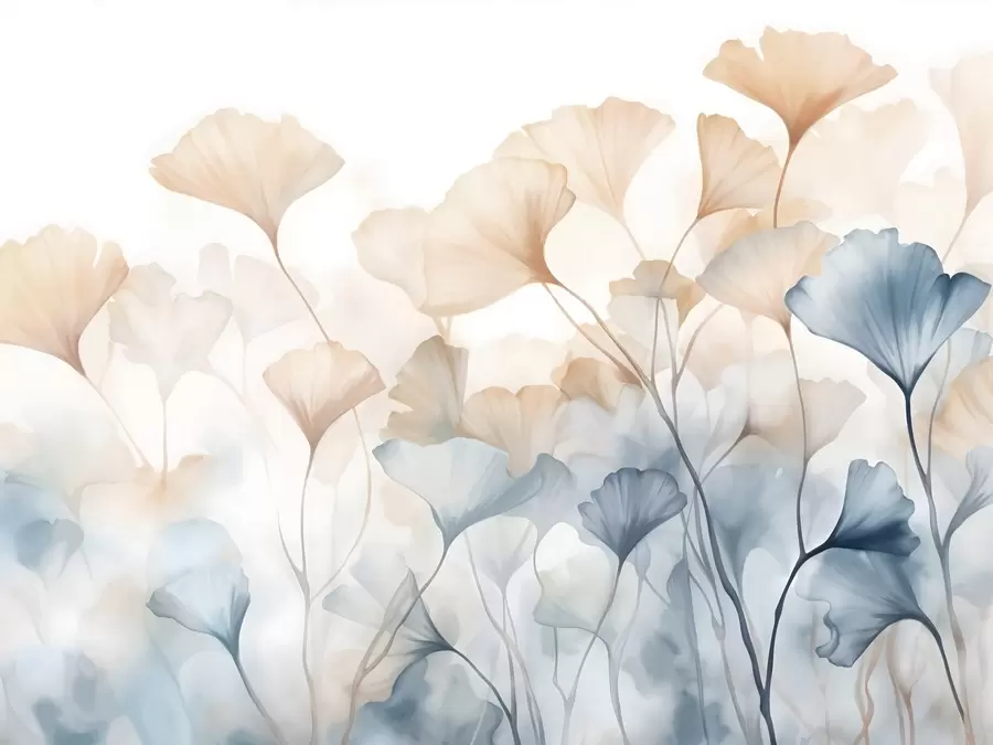 murales de pared Hojas de ginkgo en acuarela azul y naranja, pétalos translúcidos, tallos delicados, paleta de colores suaves w08917