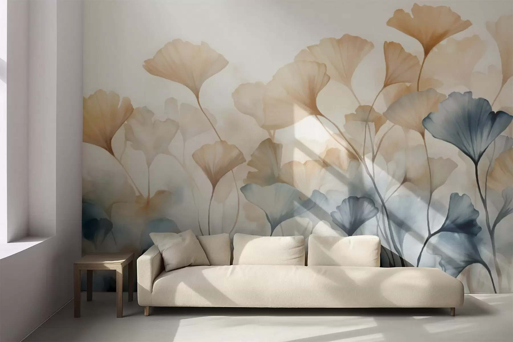 murales de pared Hojas de ginkgo en acuarela azul y naranja, pétalos translúcidos, tallos delicados, paleta de colores suaves w08917