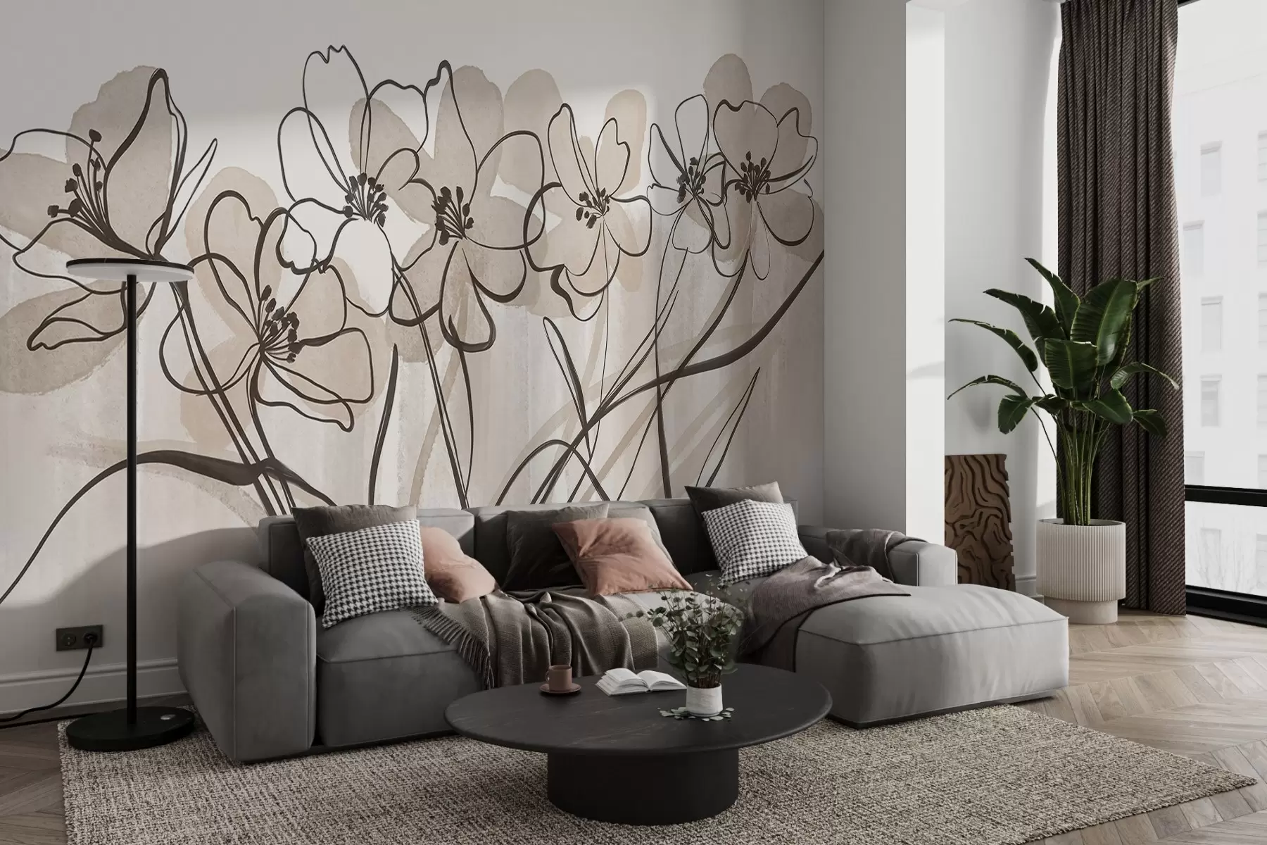 murales de pared Flores minimalistas line-art con pétalos beige y marrones, tallos largos, fondo beige claro w08918