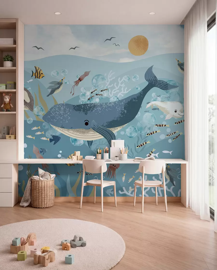 murales de pared Ilustración infantil linda impresión con ballena azul rodeada de peces, calamares, medusas en un océano azul con burbujas w08921